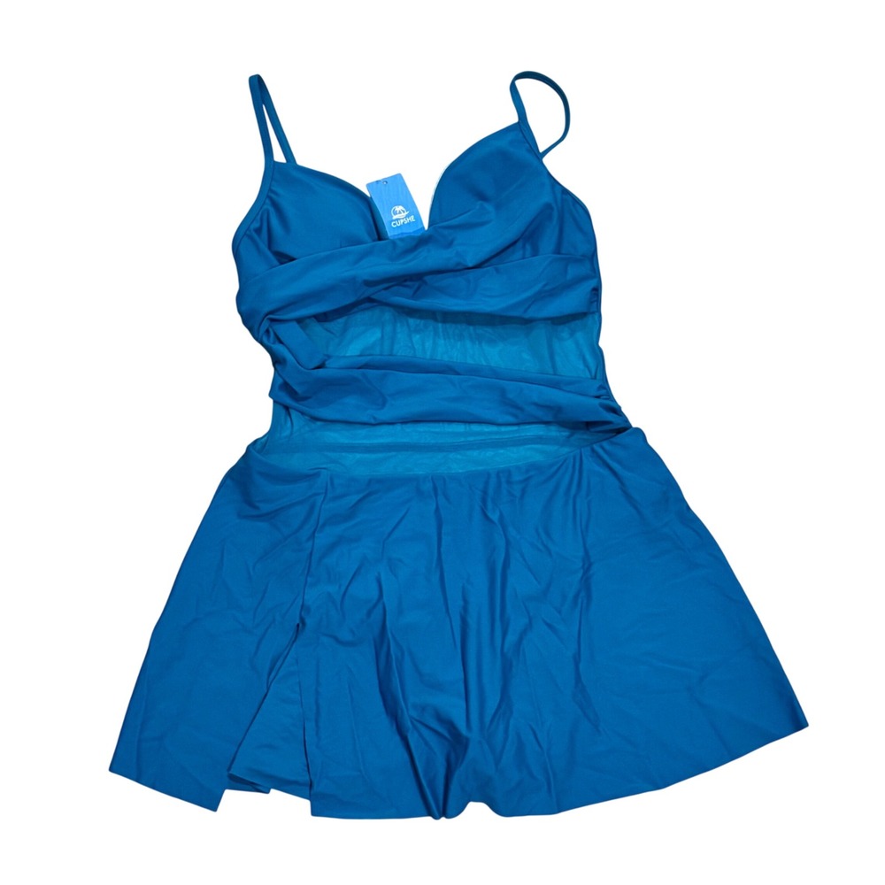 Cupshe Swim Dress Womens Medium Teal Blue Green NEW Mesh Wrap Front One Piece